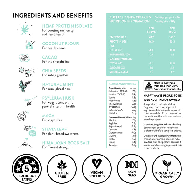 CACAO MINT HEMP PROTEIN POWDER (500G) - VEGAN,Vegan Protein,Happy Way,Happy Way